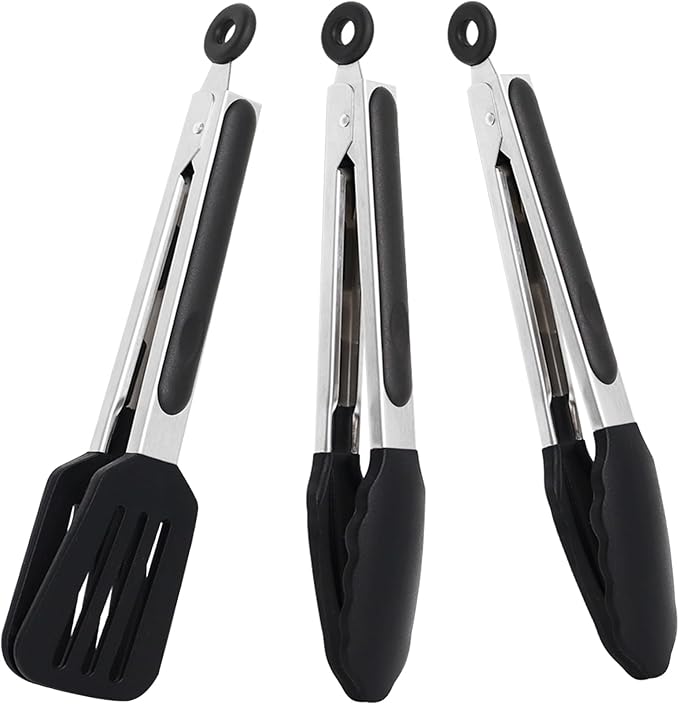 9 Inch Small Kitchen Tongs Set of 3, Silicone Cooking Tongs by Pharamat