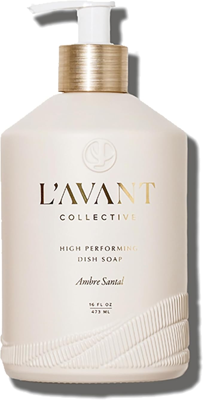 L'AVANT Collective The Ultimate Dish Wash Duo, Natural Luxury Dish Soap 16 Fl Oz with Refillable Glass Pump Bottle & 2 Loofah Dish Sponges for Pots, Pans, Dishes and Kitchen Cleaning, Ambre Santal