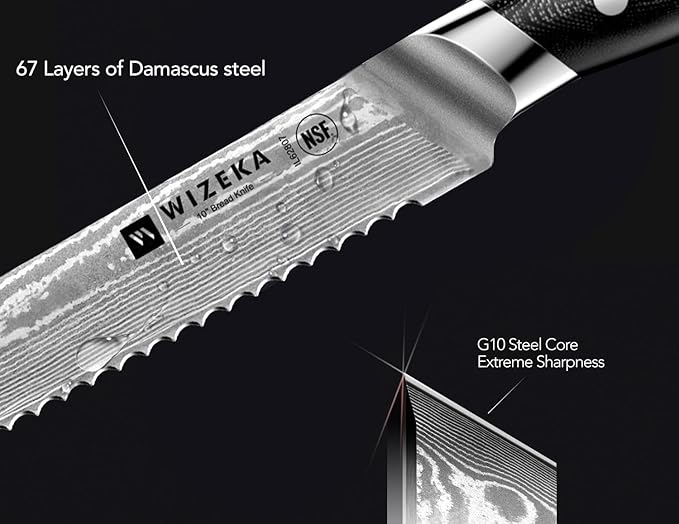 WIZEKA 10 inch Damascus Serrated Bread Knife - Image 3
