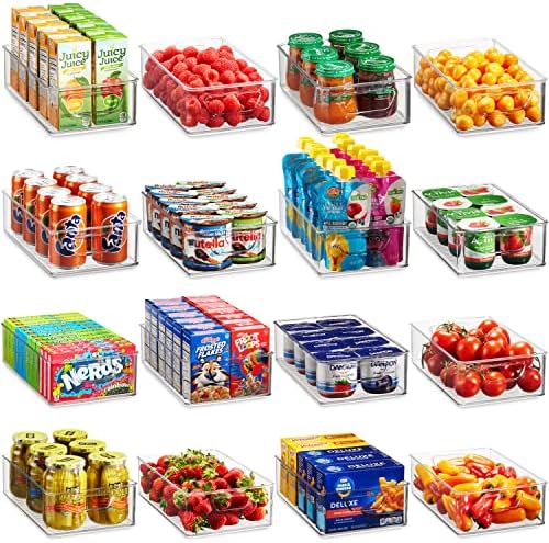 Munfix Set Of 16 Refrigerator Organizer Bins - Plastic Pantry Organization and Storage Baskets - Stackable Food Fridge Organizers with Cutout Handles for Freezer, Kitchen, Countertops, Cabinets