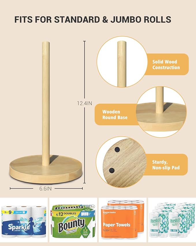 NESAPTO Paper Towel Holder Countertop, Wooden Freestanding Paper Towel Stand - Image 3