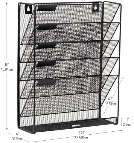 Mind Reader 5-Pocket Vertical File Storage, Desktop Organizer, Wall Mount, Office, Metal Mesh, Black