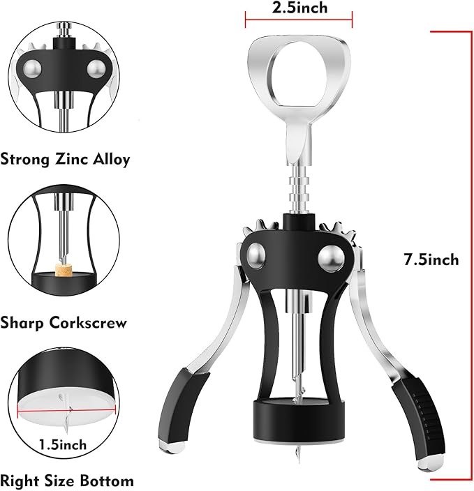 KORCCI Wine Opener, Heavy-Duty Zinc Alloy Wing Corkscrew, Premium Beer Bottle - Image 3