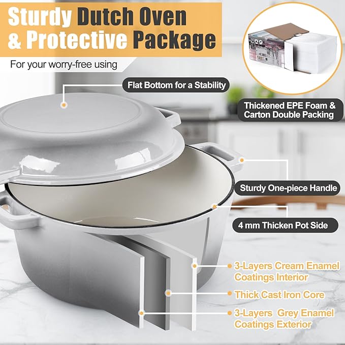 P&P CHEF 5Qt Dutch Oven Pot for Bread Baking, 2 In 1 Round Cast Iron Dutch Oven - Image 3