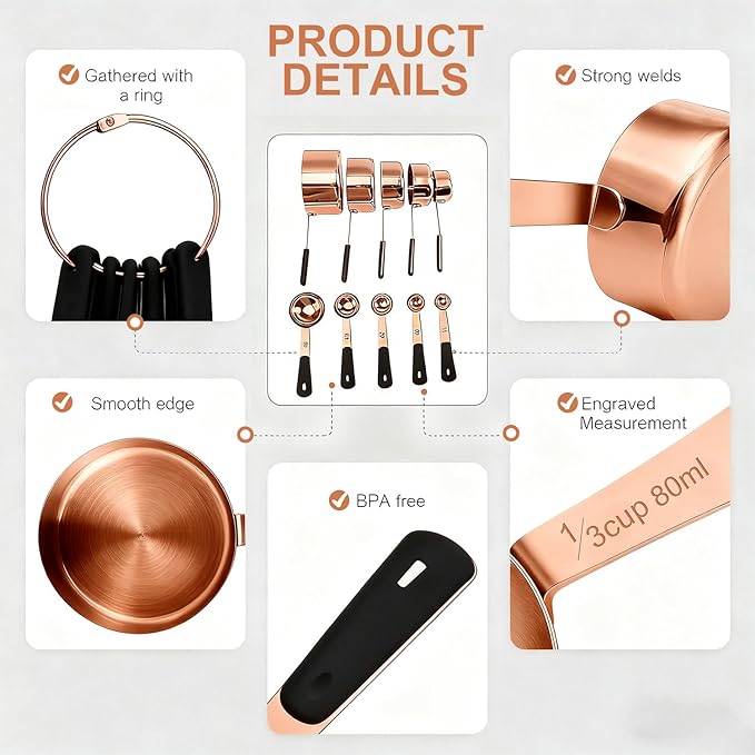 Bopei Measuring Cups and Spoons Set, Rose Gold Plated Stainless Steel 10 Piece - Image 3