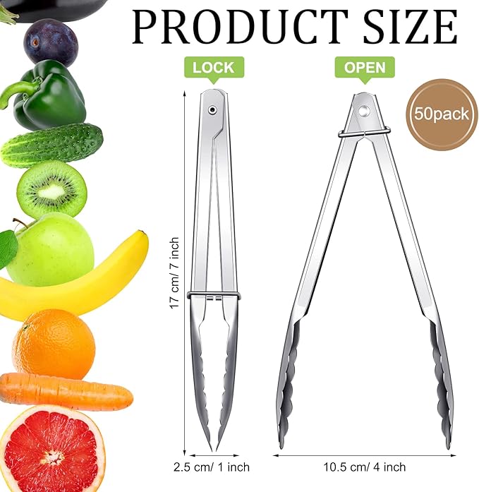 Meanplan 50 Pcs Small Stainless Steel Kitchen Tongs 7 Inch Food Serving Tongs - Image 4