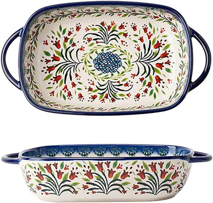 Vintage Style Tulip Flower Pattern Ceramic Bakeware Casserole Dish Baking Pan by Bicuzat