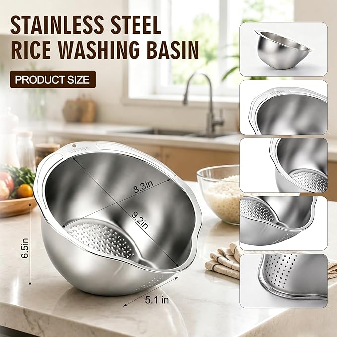 Palksky Rice Strainer & Rice Washing Bowl Stainless Steel - Image 6