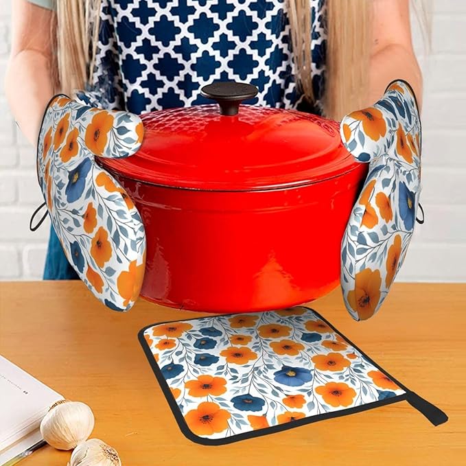 Spring Orange Blue Floral Oven Mitts and Pot Holders Sets of 3, Heat Resistant - Image 3