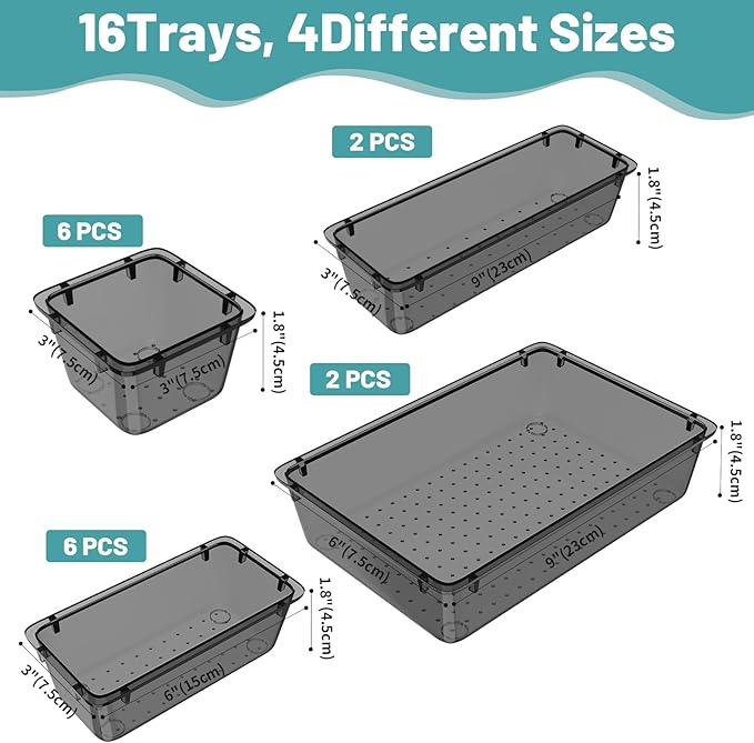 WOWBOX 16 PCS Clear Plastic Drawer Organizer Set, 4 Sizes Desk Drawer - Image 2
