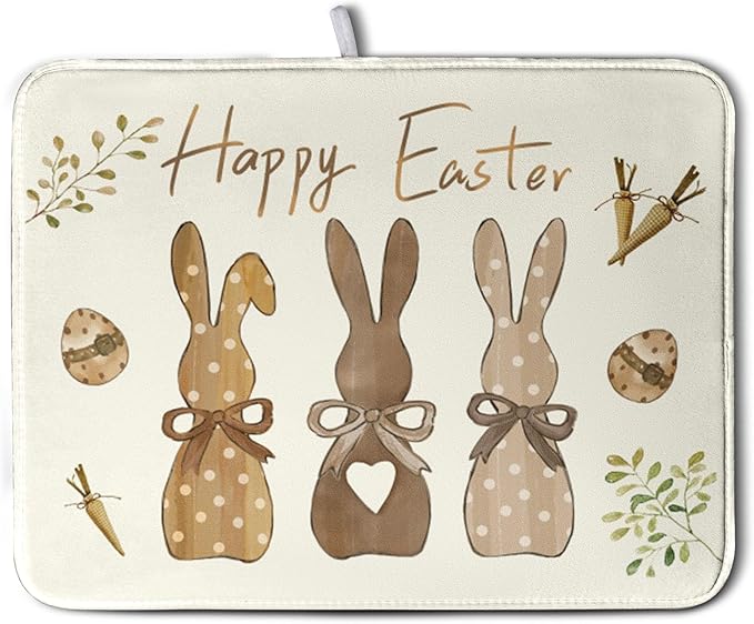 Happy Easter Bunny Dish Drying Mat Rabbits Egg Carrot Dish Pad by Kwlegh