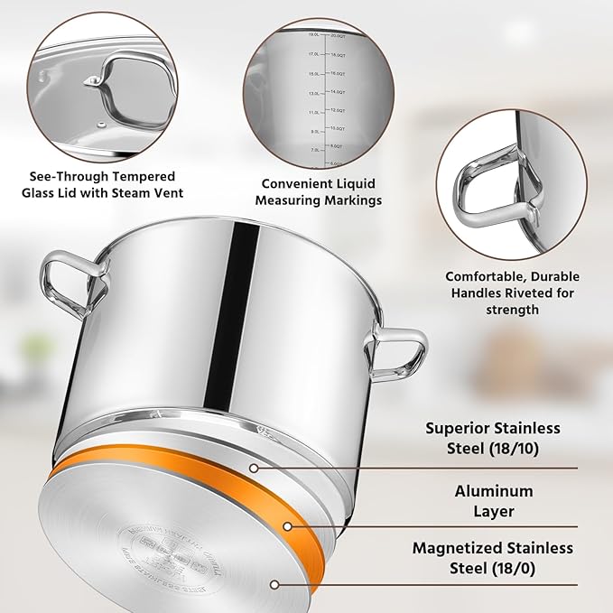 20 Qt Large Stock Pot, E-far Stainless Steel Stockpot - Image 3