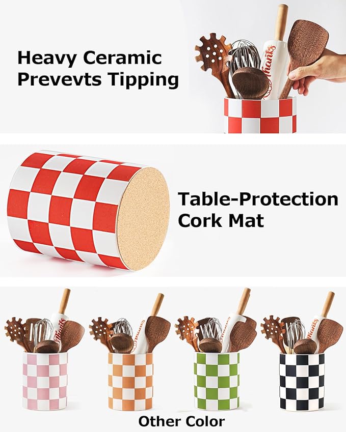 Utensil Holder, 7.2 Inch Checkered Utensil Holder, Ceramic Cooking Utensil - Image 3