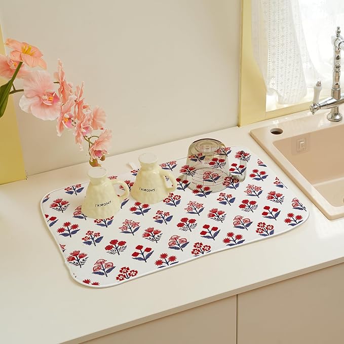Red Blue Dish Drying Mat 18x24 Inch Vintage Boho Block Print Floral Drying Mat - Image 6
