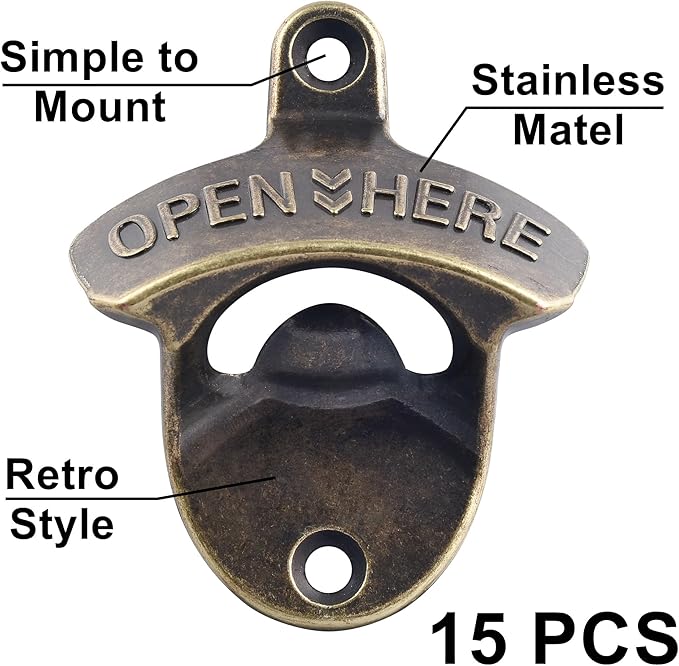Rustic Wall Mount Bottle Opener, Vintage Brass Bulk Beer Opener Mountable - Image 2