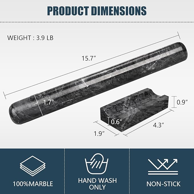 Marble Rolling Pin with Stand, 15.7" Black Stone French Heavy Polished Non - Image 2