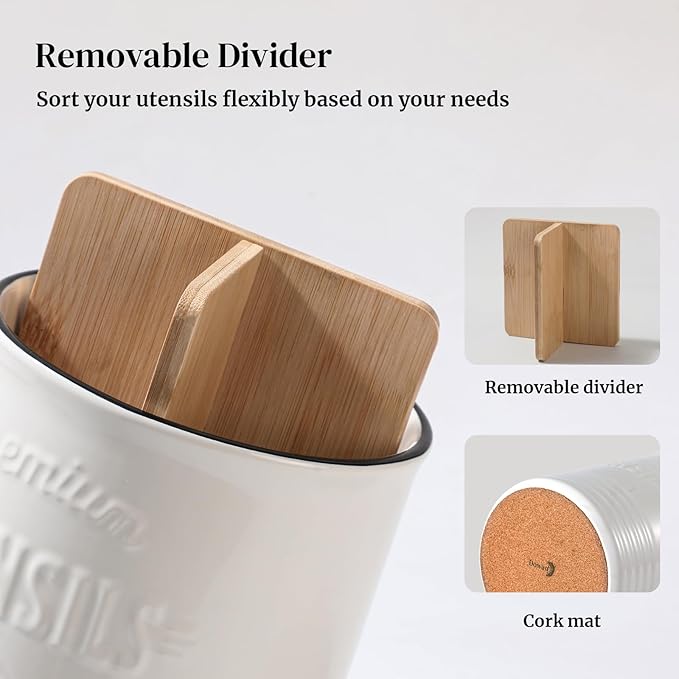 DOWAN 3 Compartment Kitchen Utensil Holder, 7.2″ Extra-Large Ceramic Stable - Image 2