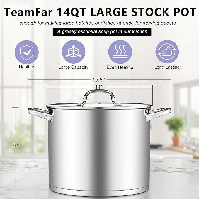 TeamFar Stainless Steel Stock Pot, 14QT Tri-ply Bottom Stockpot Large Cooking - Image 2