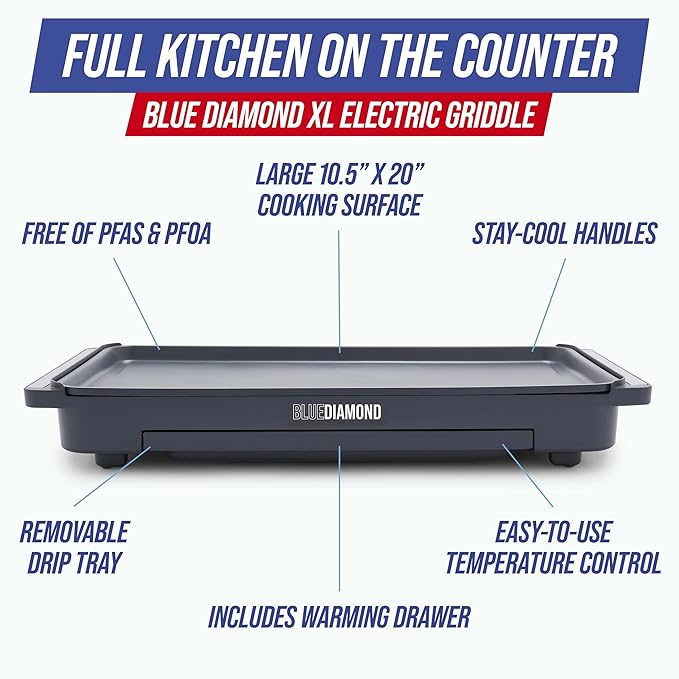 Blue Diamond 20” x 10.5” Extra Large Electric Griddle, Healthy Ceramic Nonstick - Image 3
