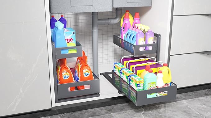 Petiza Under Sink Organizer Pull Out Cabinet Organizer Adjustable Height 2 Tier - Image 6
