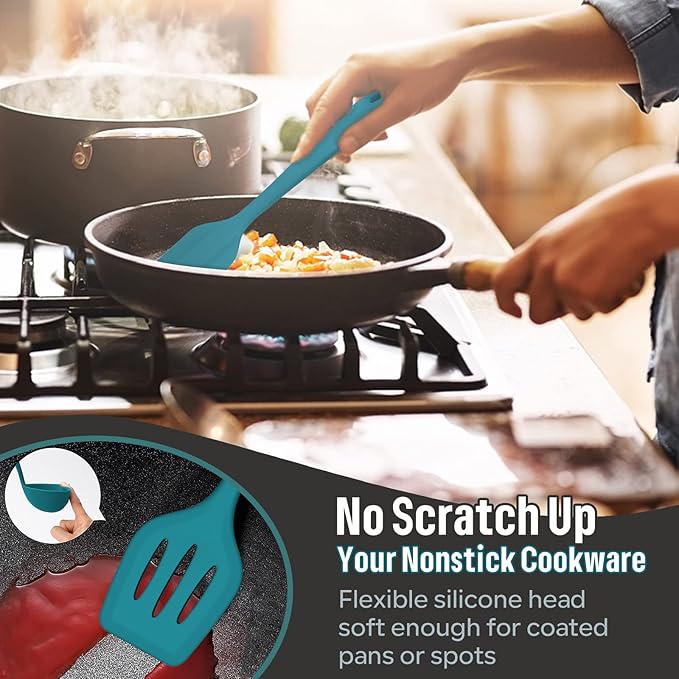 Silicone Cooking Utensils Set, E-far 7-Piece Blue Heat Resistant Kitchen - Image 4