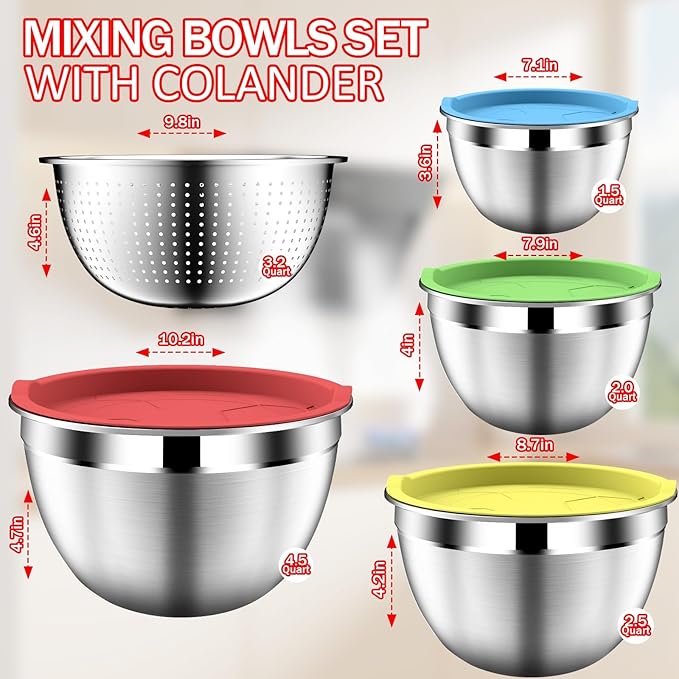 DUTZUN Mixing Bowls with Strainer, Mixing Bowl with Lids Set, Stainless Steel - Image 2