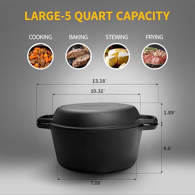 EDGING CASTING 2-in-1 Pre-Seasoned Cast Iron Dutch Oven Pot - Image 3