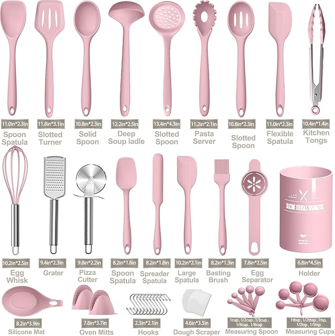 Silicone Cooking Kitchen Utensil Set, AIKKIL 43 Pcs Pink Cooking Utensils Set - Image 2