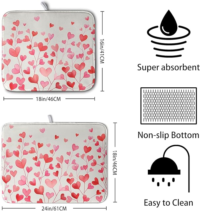 Valentines Pink Love Heart Dish Drying Mat Valentine Day Absorbent Microfiber - Image 2