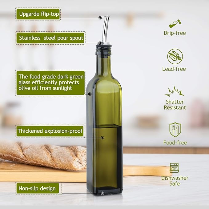 AOZITA 17oz Glass Olive Oil Bottle Dispenser - 500ml Green Oil and Vinegar - Image 2