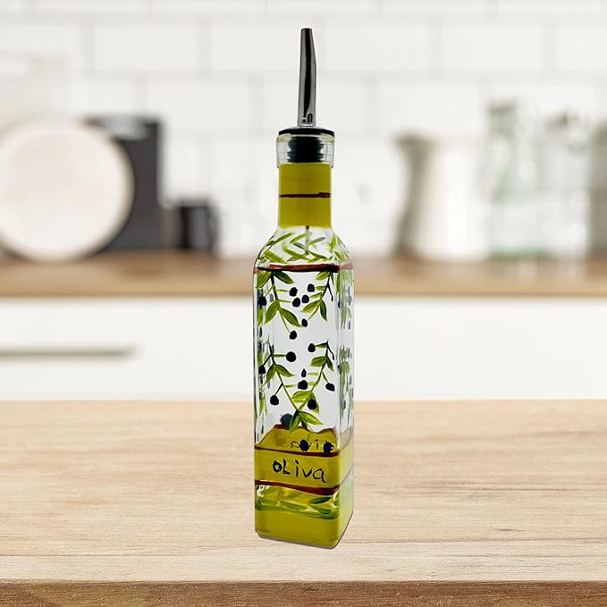 Hand Painted Glass Oliva Branch Oil/Vinegar Glass Cruet - Image 4