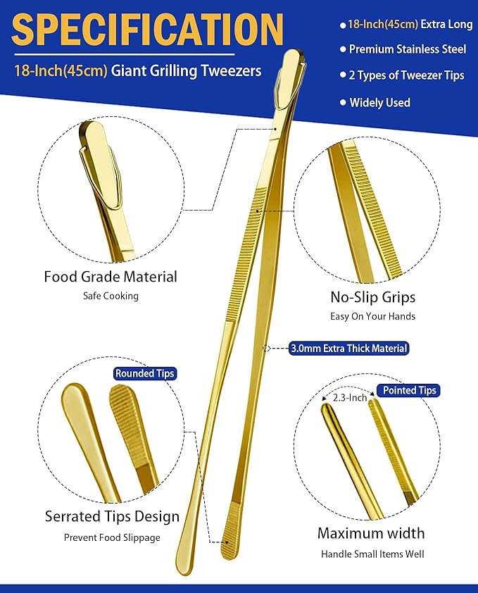 JETKONG 2 Pcs 18 Inch Stainless Steel Grill Tongs Heavy Duty Giant Tweezer Tongs - Image 2