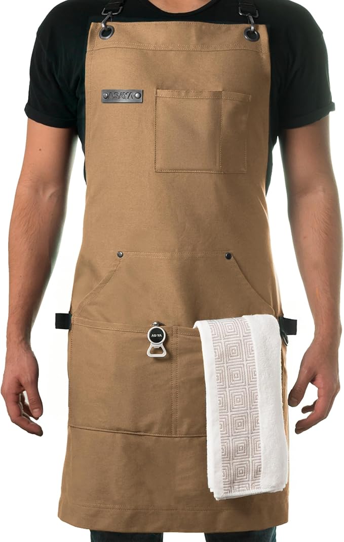 Asaya Chef and BBQ Apron with Bottle Opener and Hand Towel - 10oz Cotton Canvas by AsayaChefProducts
