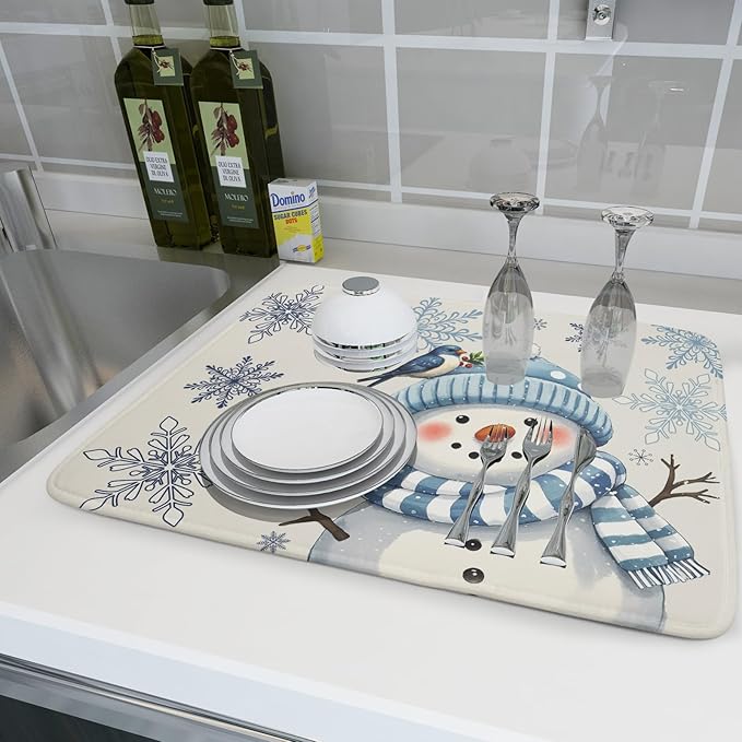 Winter Snowman Dish Drying Mat for Kitchen Counter 18x24 Blue Snowflake Bird - Image 6