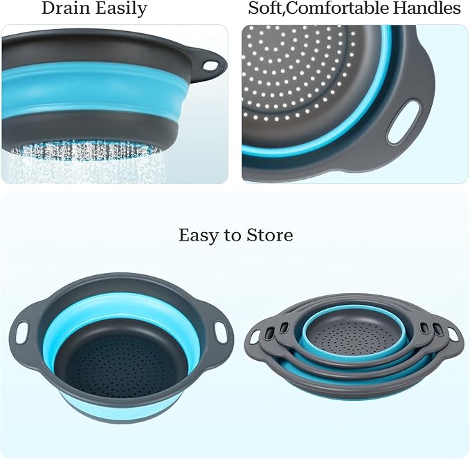 Collapsible Colander 3-Pack Set Space-Saving Foldable Kitchen Strainer - Image 4