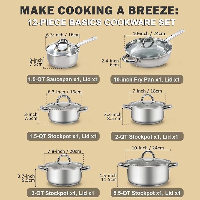Cook N Home Kitchen Cookware Sets, 12-Piece Basic Stainless Steel Pots and Pans - Image 2