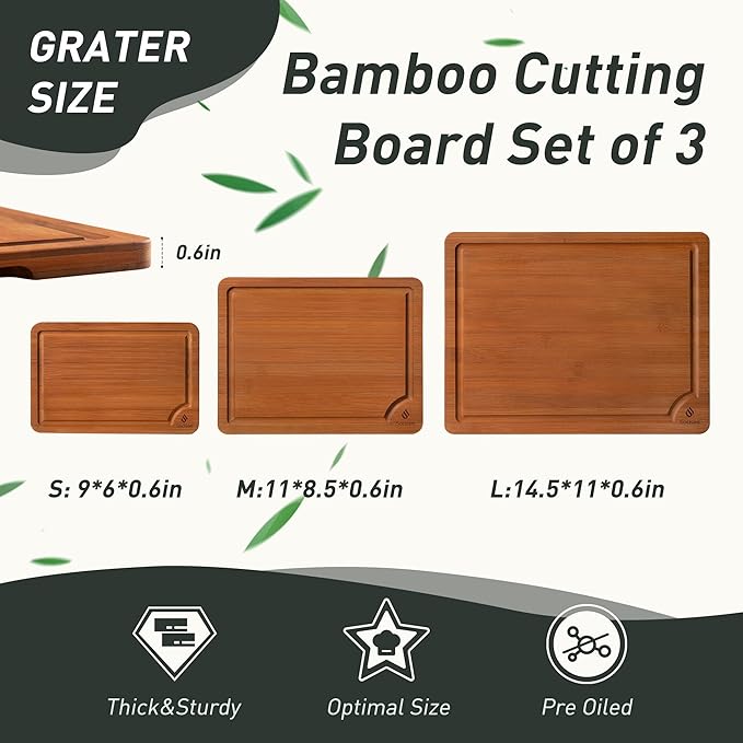 3 Packs Bamboo Cutting Board Set - Image 2