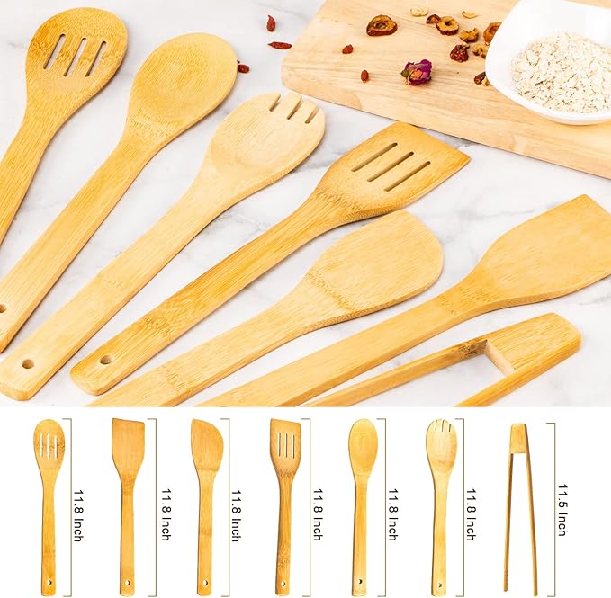 Eisinly Wooden Spoons for Cooking 7-Piece, Kitchen Nonstick Bamboo Cooking - Image 2