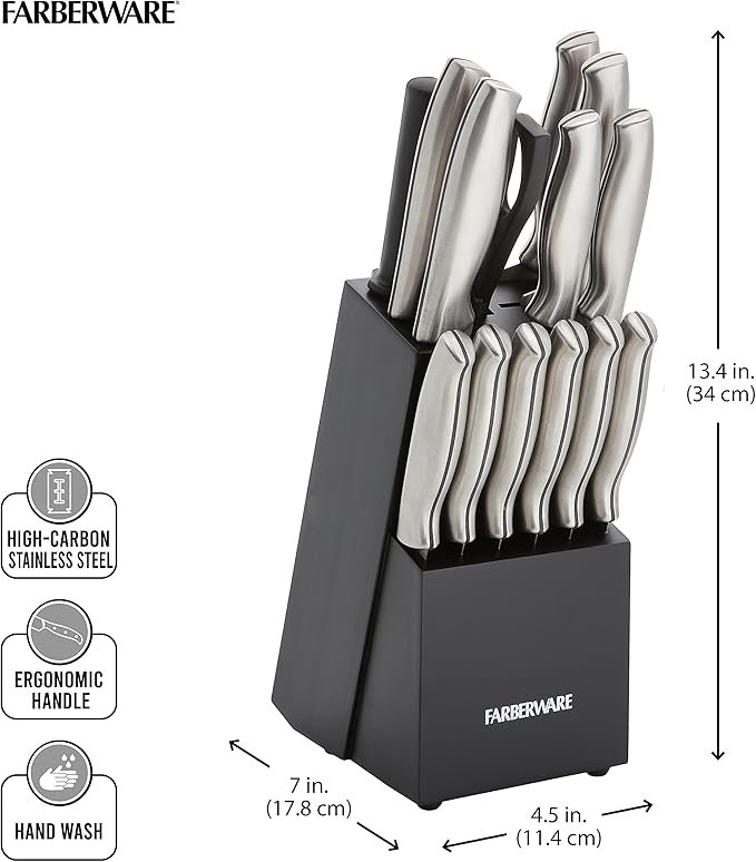 Farberware 15-Piece Stamped Stainless Steel Knife Block Set, High-Carbon - Image 9