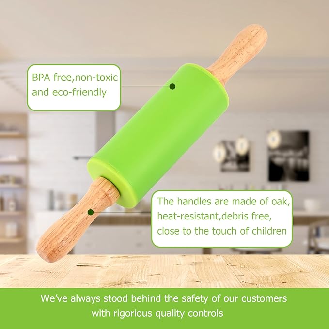 Mini Silicone Rolling Pin for Kids, Non-stick Surface Wood Handle, 9 Inch 10 - Image 2