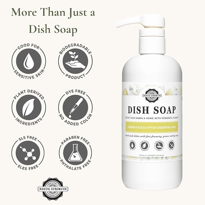 Rustic Strength Concentrated Dish Soap, Lemon & Eucalyptus Scent, 16 oz | High Lathering,Powerful Plant-Based Cleaning,Crisp Refreshing Aroma,Grease Cutting Formula,Tough on Dishes