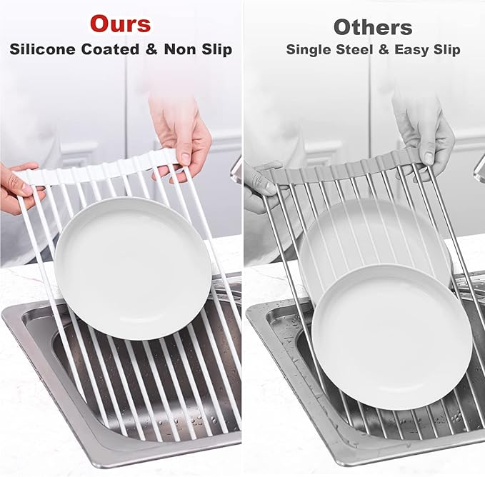 MERRYBOX Roll Up Dish Drying Rack Silicone Wrapped Over The Sink Dish Rack - Image 5