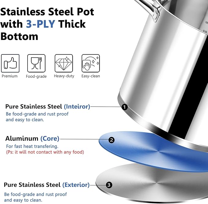 P&P CHEF 12 QT Stock Pot with Lid, Stainless Steel Large Cooking Pot, Soup - Image 4