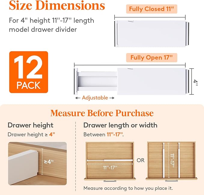 Lifewit 12 Pack 4" High Drawer Dividers 28-43.5cm/11-17" Adjustable Drawer - Image 2