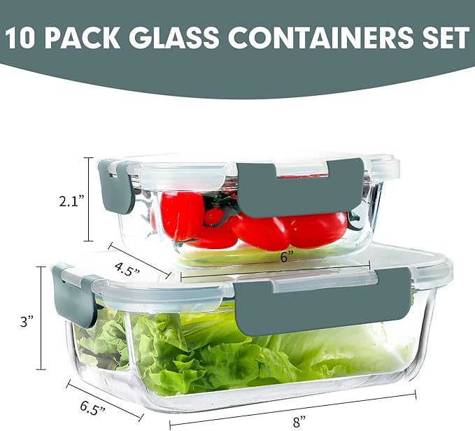 VERONES 10 Pack Glass Meal Prep Containers, Airtight Glass Lunch Containers - Image 2