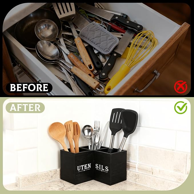 Kitchen Utensils Holder with 3 Compartments, Corner Utensil Caddy, Wooden - Image 5