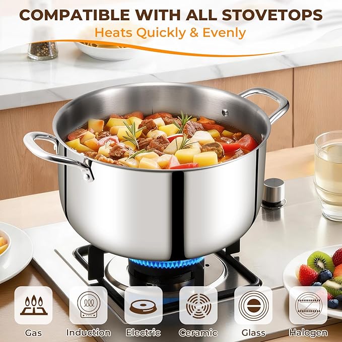 Tri-Ply Stainless Steel Stock Pot, 12 Quart Heavy Duty Induction Cooking Pot - Image 3