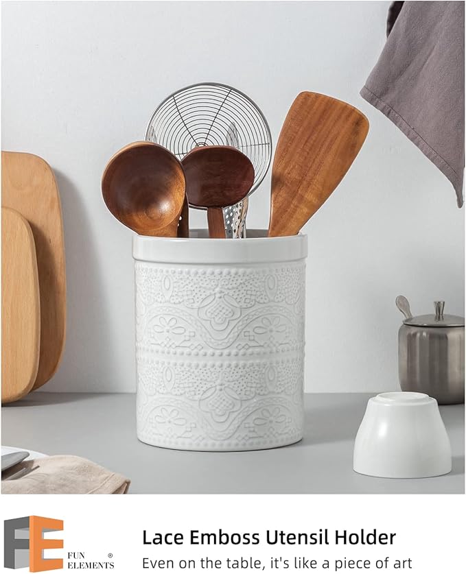 FUN ELEMENTS Kitchen Utensil Holder, 7.2" Super Large Utensil Crock Heavy and - Image 2