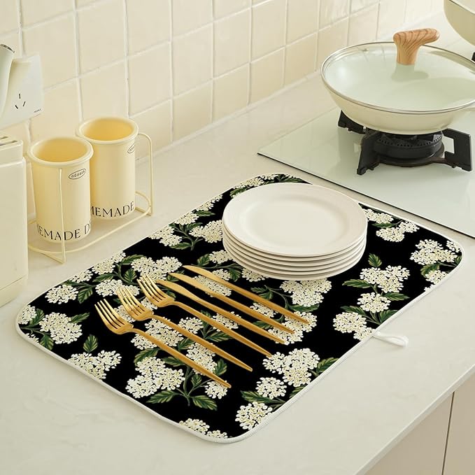 Black Dish Drying Mat 18x24 Inch Green Vintage Floral Hydrangea Flower Drying - Image 4