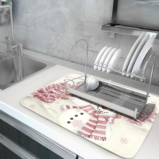 Giwawa Pink Snowman Dish Drying Mat Xmas Trees Bird Winter Snowy Scene Dish - Image 5